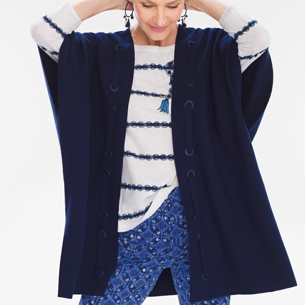 Chico's Womens Sweater Knit Poncho Sz L/XL Navy Blue Nautical Grommet Open Wrap